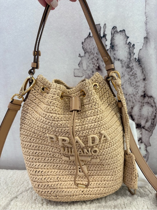 Prada Handbags - Prada Milano raffia and brown leather bucket tote with top handle and crossbody